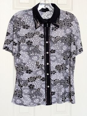 Women's Floral Short-Sleeve Collar Tee/Top w/Rhinestones & Front 1/4 Zipper